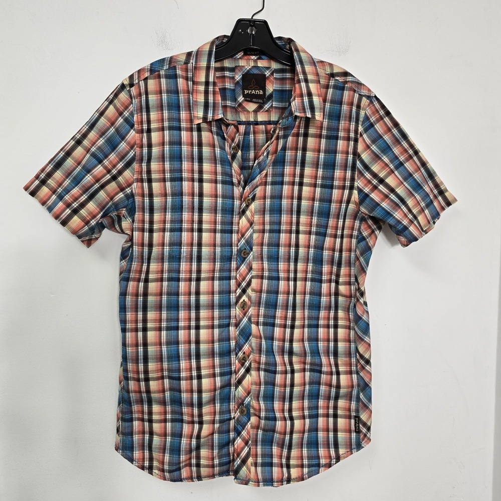 Prana Elliot Shirt Mens Size L Slim Fit Short Sleeve Plaid Button Down Cover